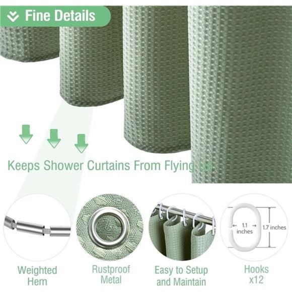 Sage Green Shower Curtain-Waffle Textured Heavy Duty Thick Fabric Shower Curtain - Picture 4 of 6